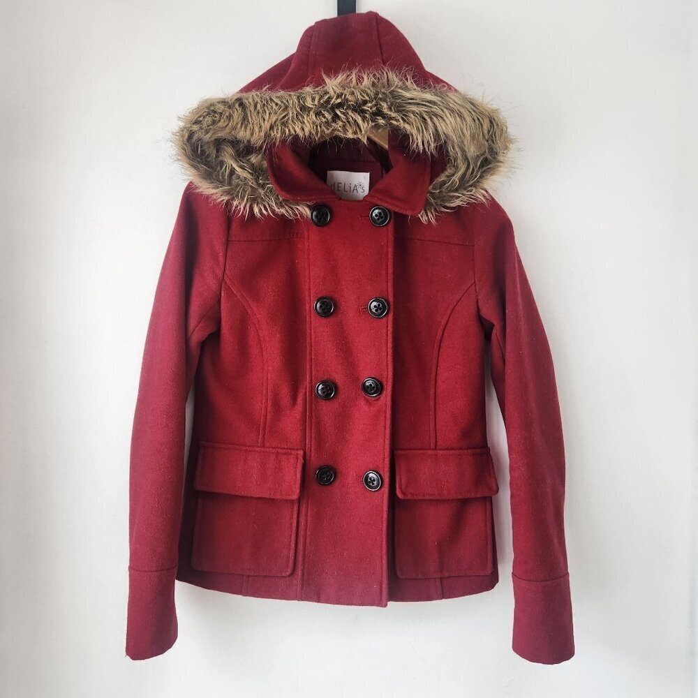 Delia's Y2K Red Hooded Winter Coat Short Pea Coat Faux Fur Trim Women's S